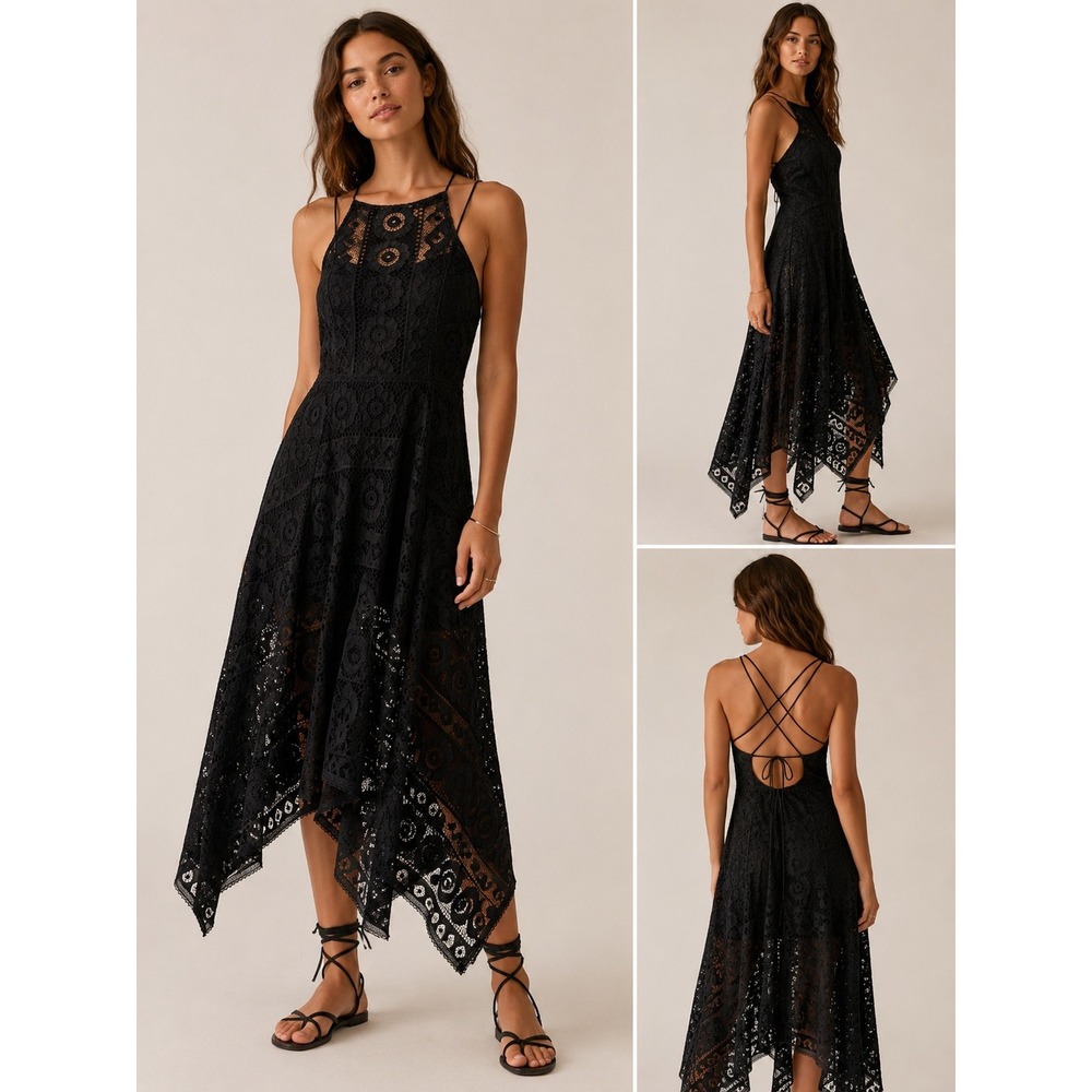 Free People Just Like Honey Lace Midi Dress Black Handkerchief Hem 6 Medium